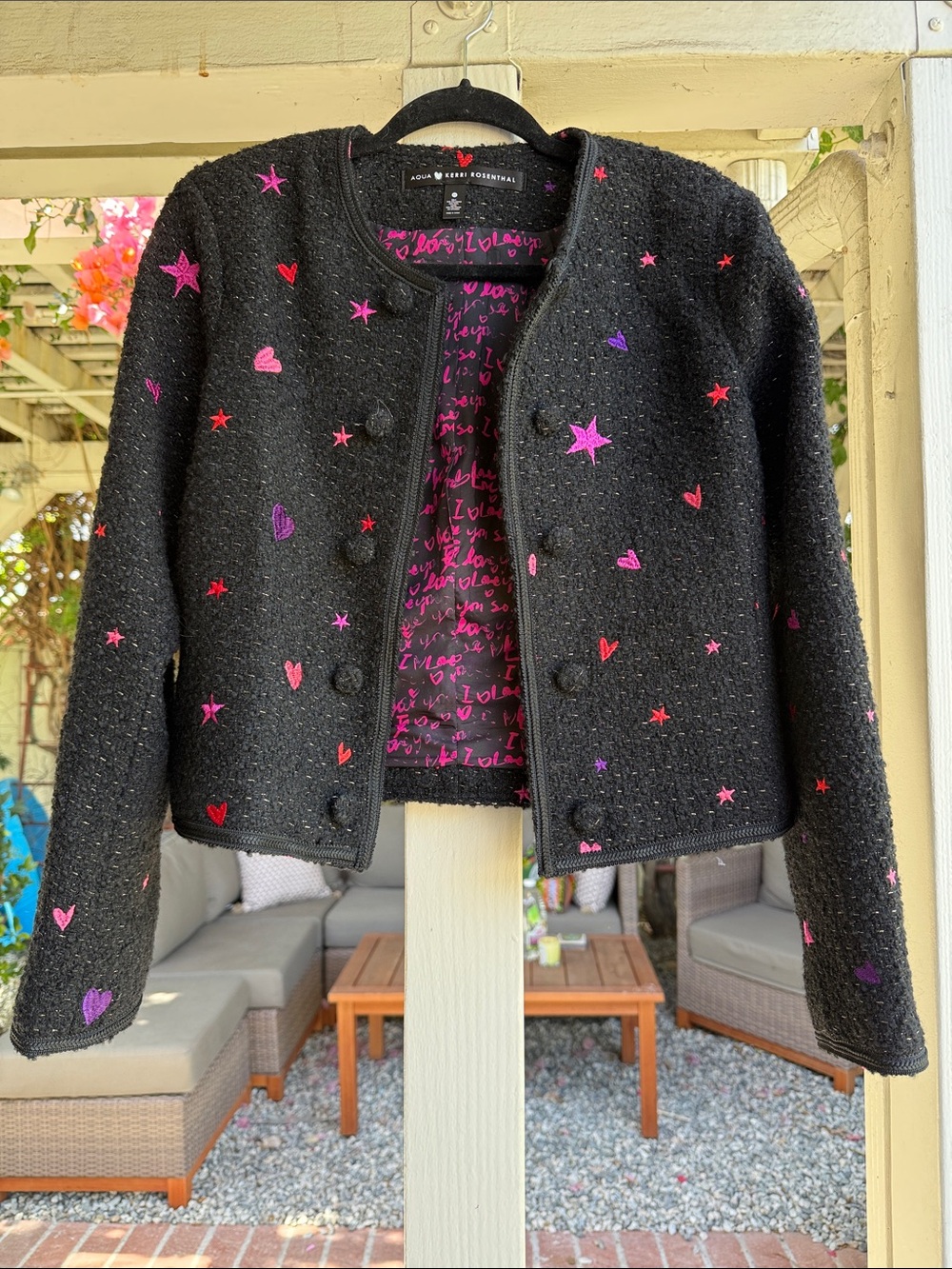 Aqua 🩷 Kerri Rosenthal Black Tweed Jacket with Pink & Purple Hearts